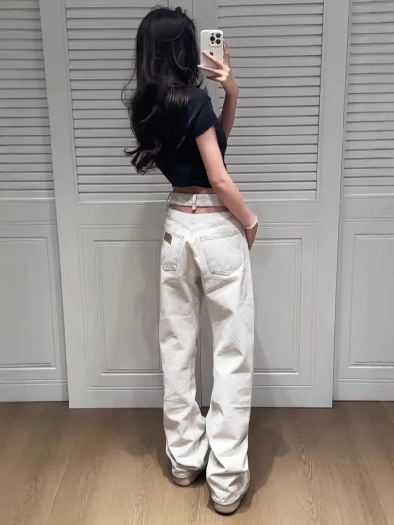 

Джинсы женские больших размеров в американском ретро-стиле, с вырезами, свободного прямого кроя, весенняя новинка, визуально стройнящие