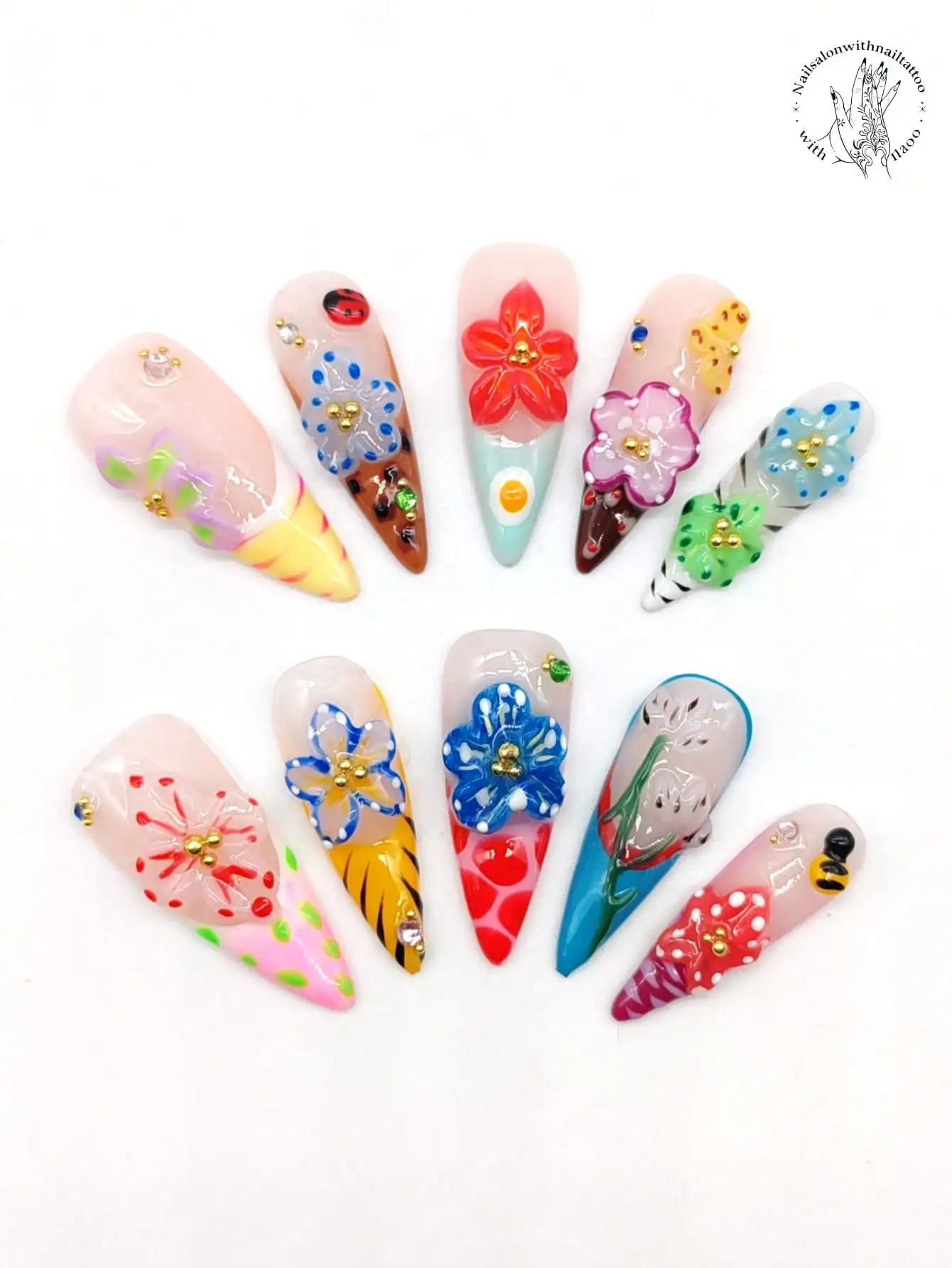 Handmade High Heel Press-On Nail Set of 10 33mm Various Colors with Embellishments for Autumn Winter Suitable for Parties Shows