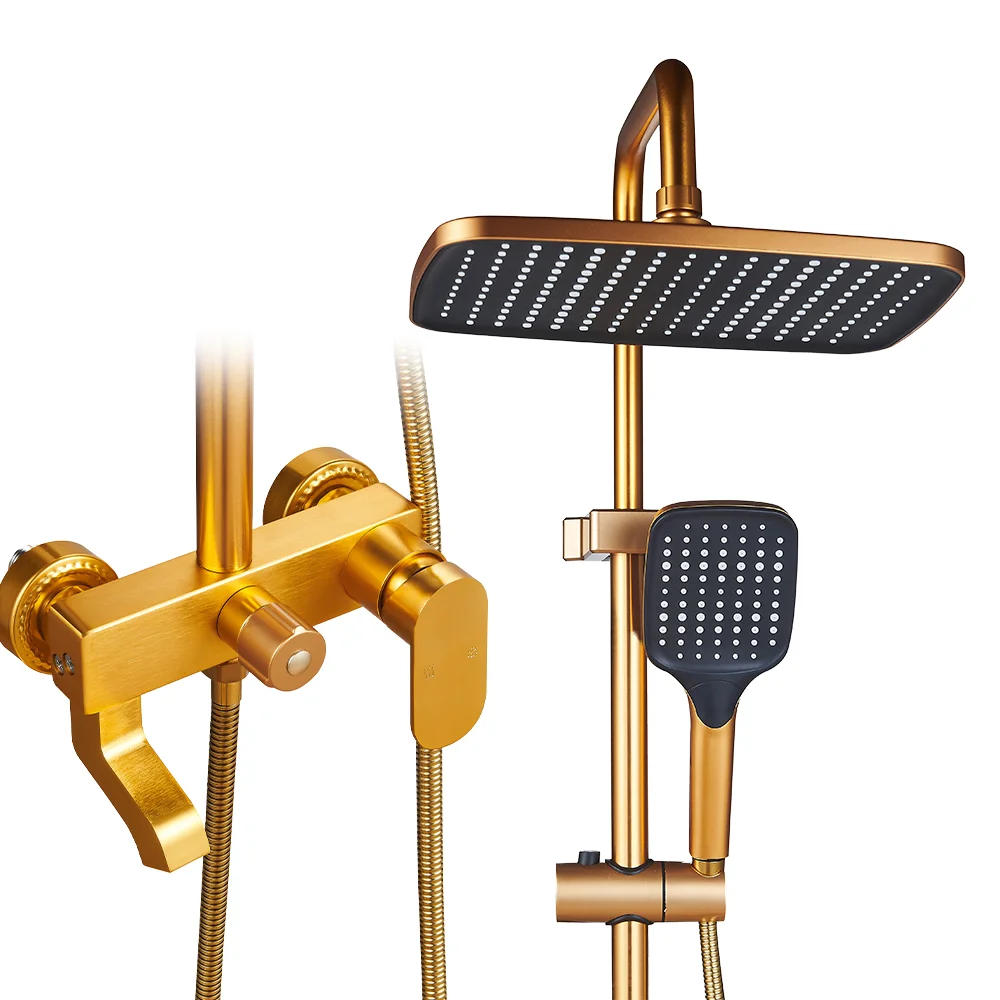 Aluminum Dual Handle Brushed Gold Wall-Mounted Thermostatic Waterfall Shower Set With Soft Spray And Rainfall For Bathroom