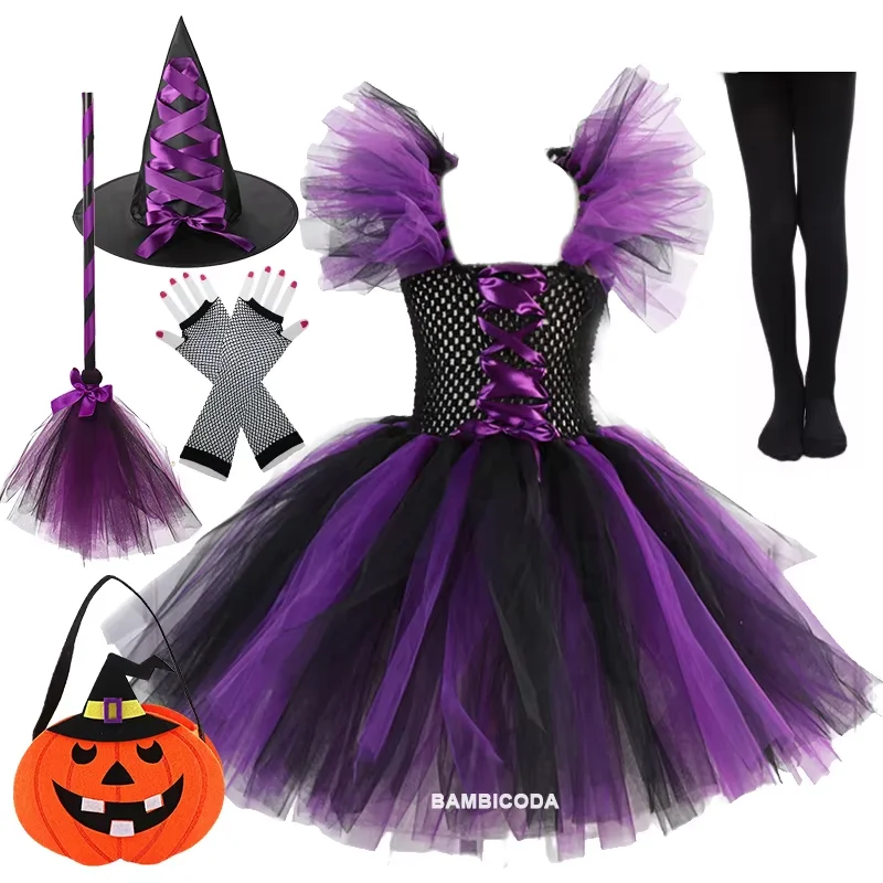 

2024 Child Kids Witch Costume Girls Halloween Purim Carnival Party Mardi Gras Fantasia Fancy Toddler Kids Princess Dress Cosplay