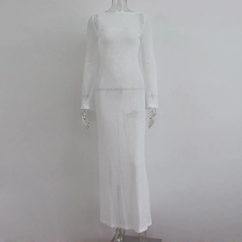 

Breathable Beach Dress Sun Lace up Backless Beach Cover up Dress with Slim Fit Round Neck Long Sleeves for Lady