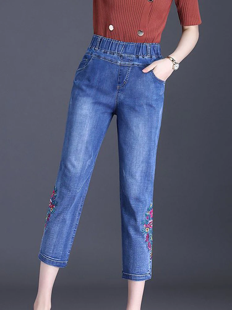 Pantalon en denim taille haute pour femme, capris brodé, jean skinny vintage, grande taille 6XL, strecth, nouveau, été