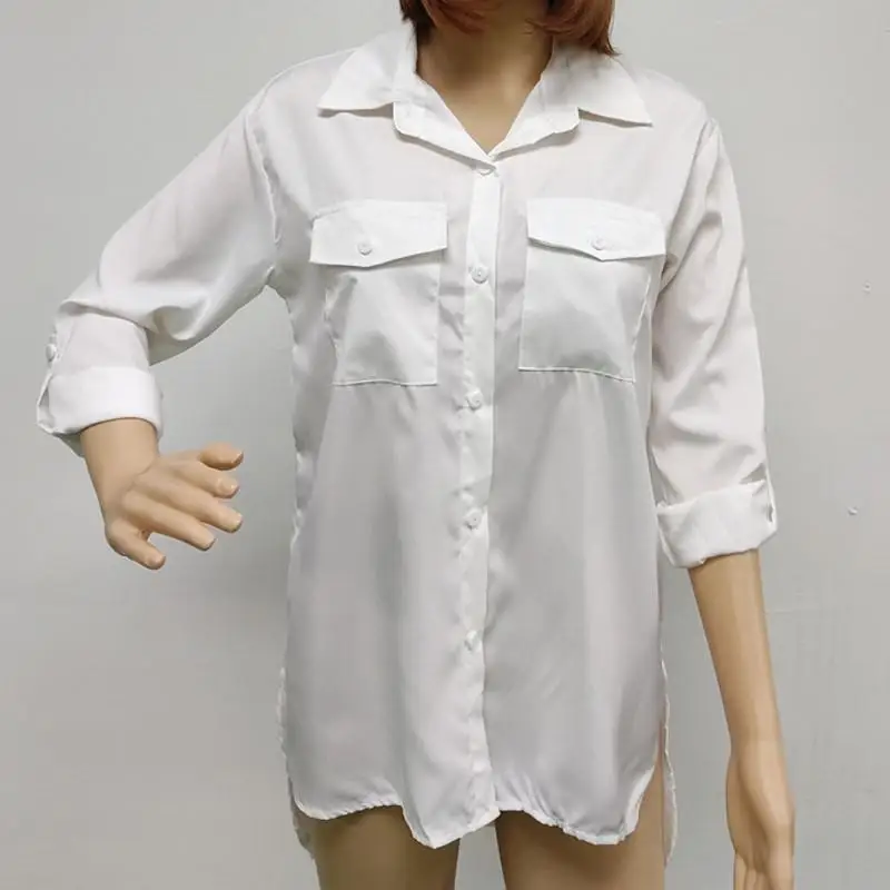 المرأة غير النظامية irt ربيع الخريف بلوزات فضفاضة السيدات مستقيم قطع طويلة Sve طوق زر أسفل ألياف البوليستر