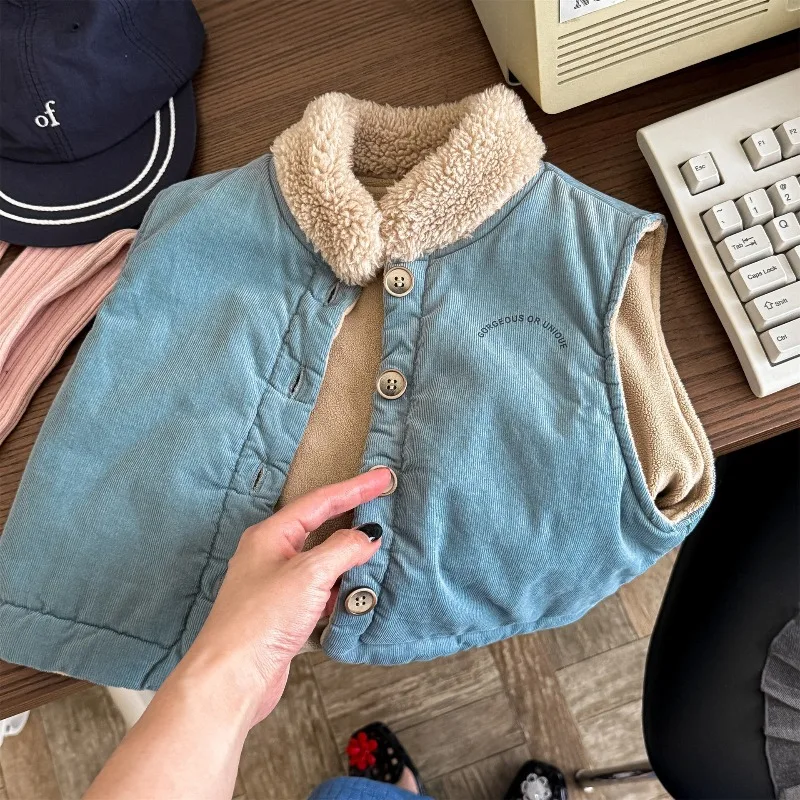 2026 New Autumn Winter Children's Korean Embroidered Quilted Vest Boys Girls Fleece Lining Thicken Warm Waistcoat Kids Outerwear