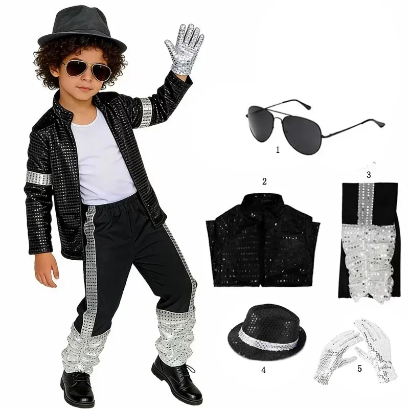 Retro Disco Pailletten-Kostüm für Jungen, Tanz-Performance-Outfit, Glitzermantel, Hose, Hut, Handschuhe, Halloween-Cosplay-Kleidung – Detail 8