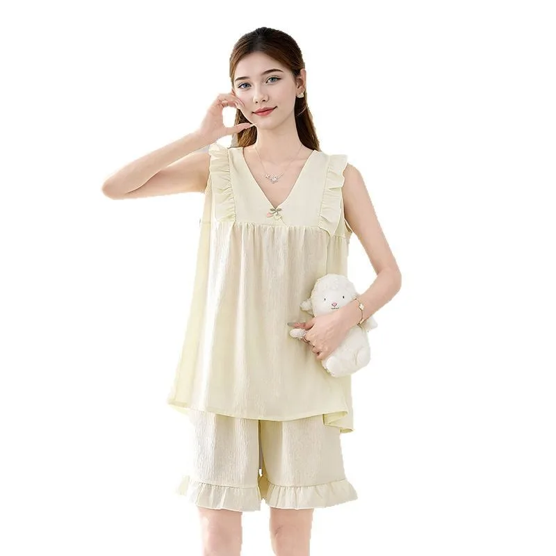 جديد 2025 ملابس نوم قطنية نسائية فاخرة وبسيطة مطبوعة بدون ياقة طقم ملابس منزلية يمكن ارتداؤها خارج رقبة على شكل حرف v بدون أكمام