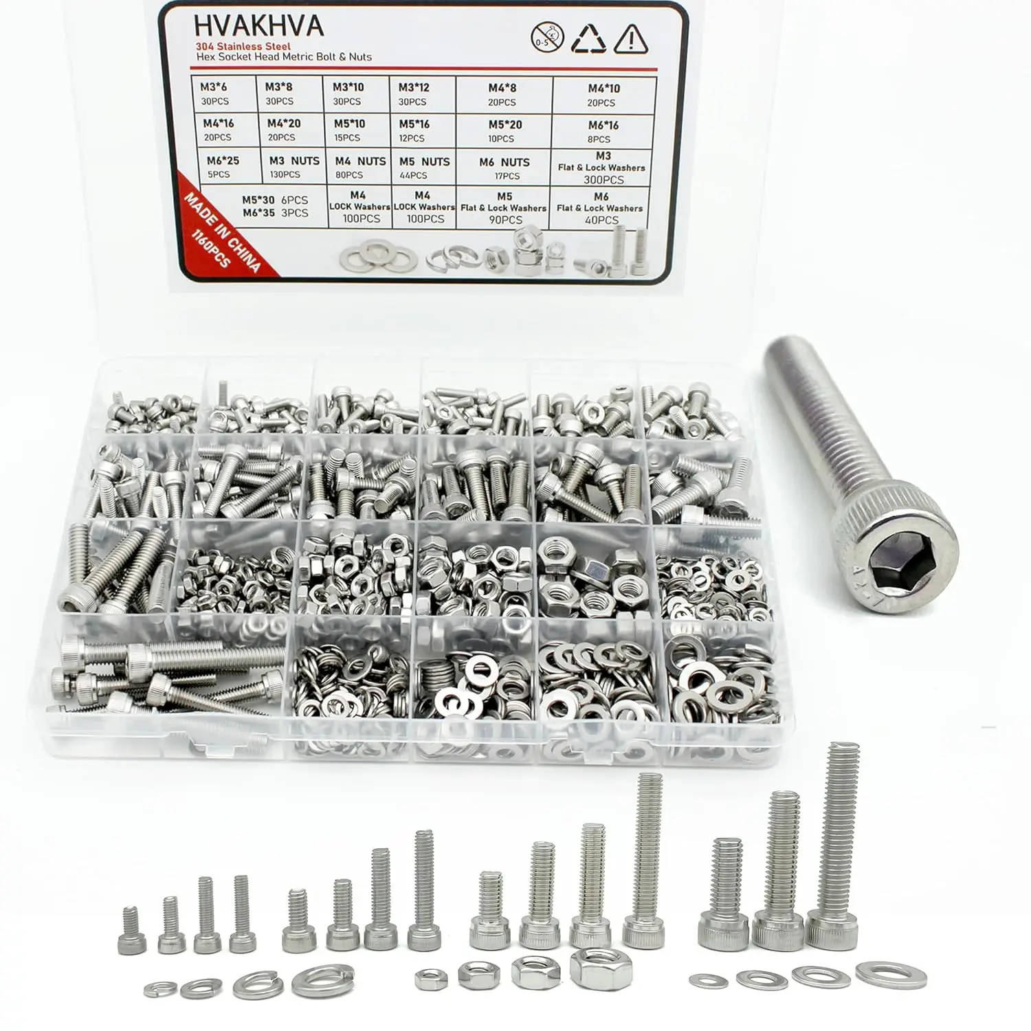 1160 pcs M3-M6 Metric Hex Cap Bolts & Nuts Assortment, 304 Stainless Steel with Washers, Length 6-35mm