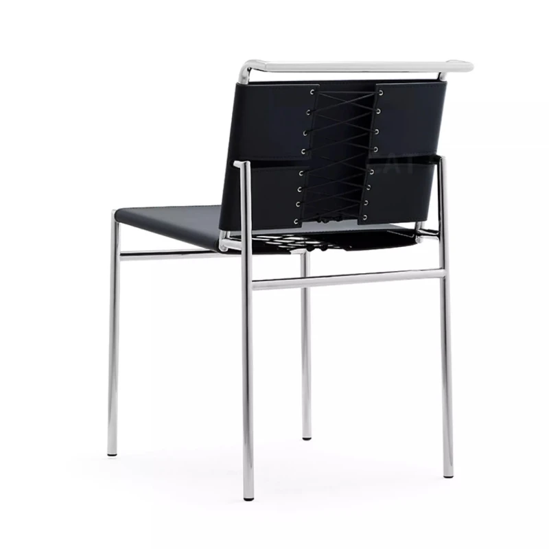 Minimalist Saddle Leather Dining Chair Mid-Century Modern Kitchen Furniture Stainless Steel Backrest Chair Home Living Room Seat view 5