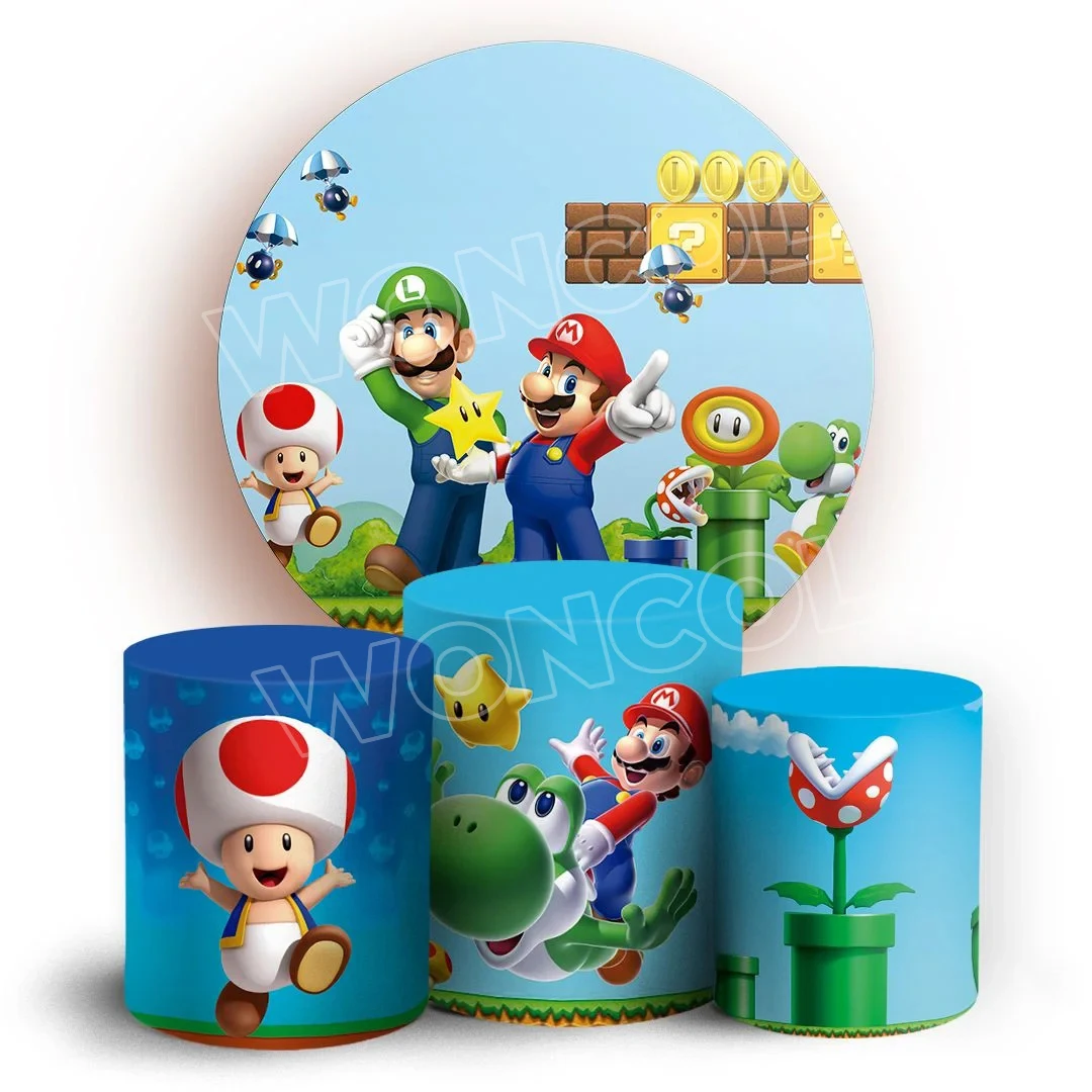 Super Mario Circle Backdrop Mario Luigi Birthday Background Toad Mario Piranha Plant Yoshi Cylinder Cover Boy Baby Shower Decor