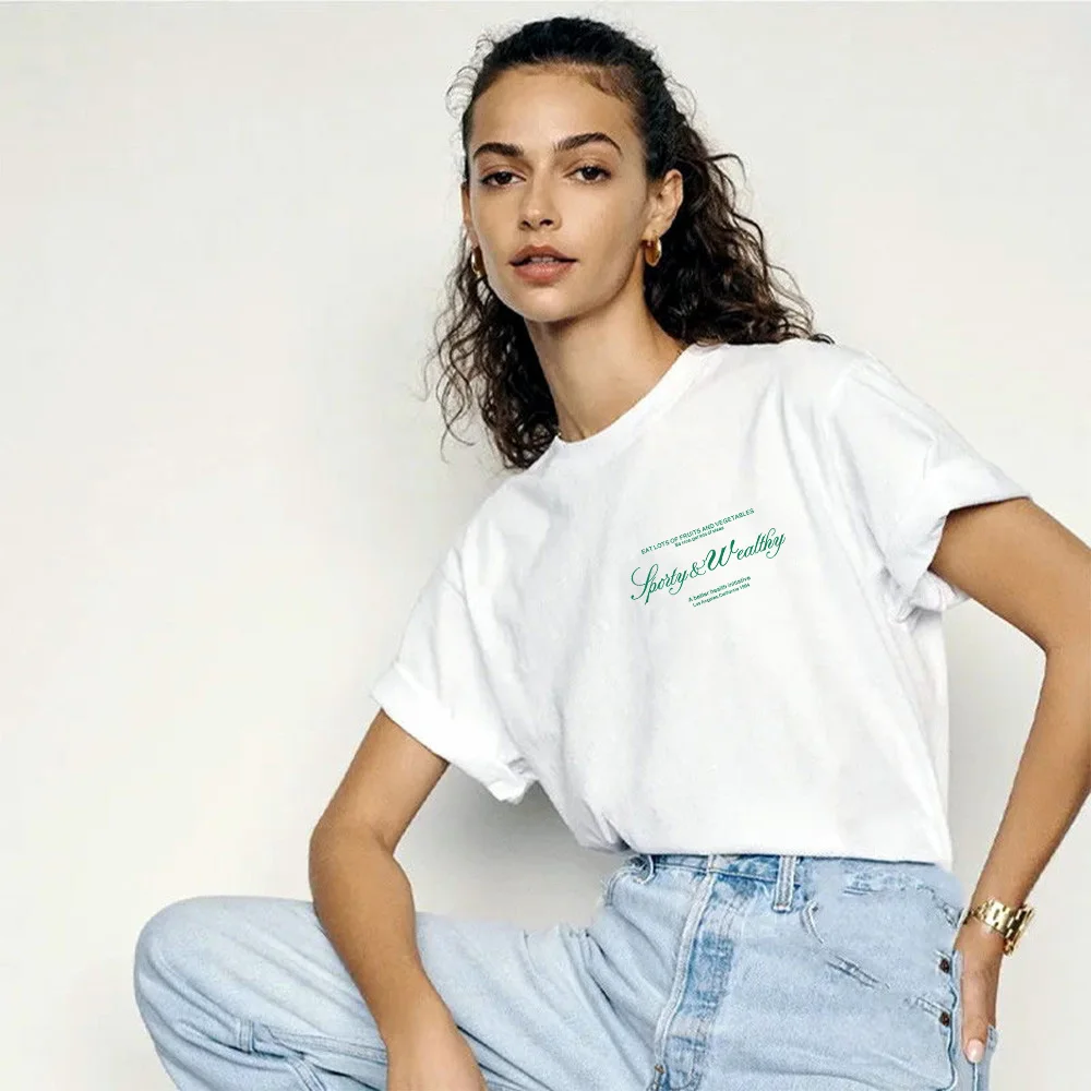 Sport Make You Health Retro Style White t Shirt For Women Short Sleeve Loose Cotton Summer Tops 80s 90s Ins Trendy Basic Tees