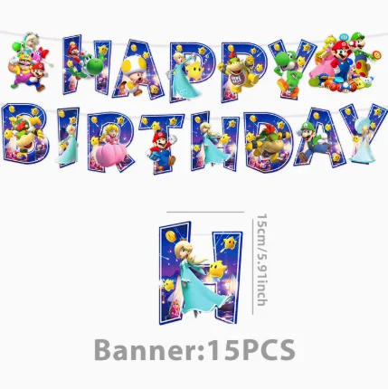 Mario Complete Birthday Party Supplies Set Galaxy Mario Themed Decor Kit with Banner Balloons Tableware Cake Toppers for Kids image 3