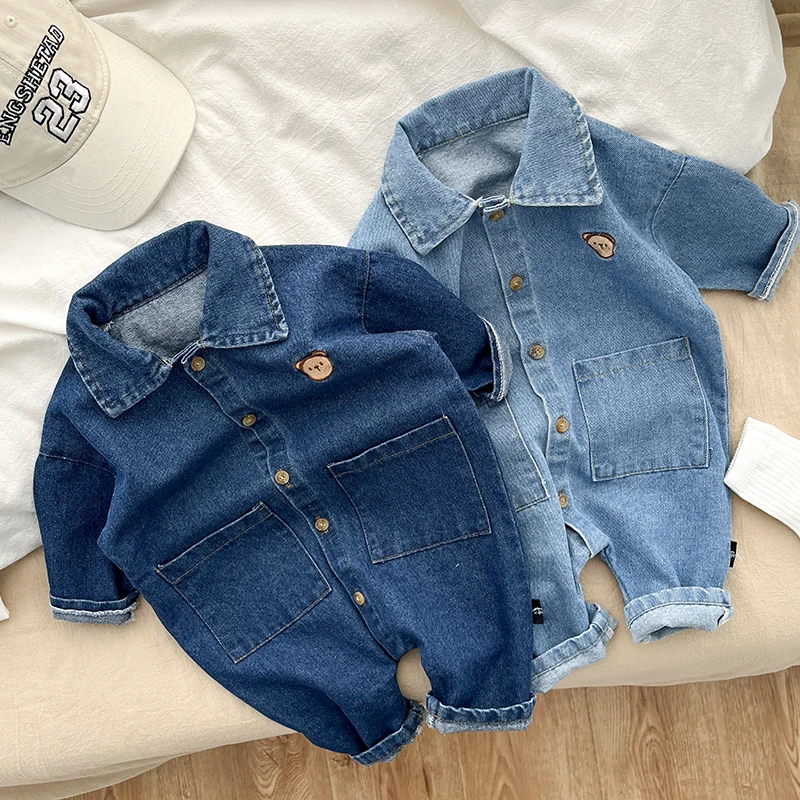 Spring And Autumn Newborn Infant Baby Boys And Girls Cotton Denim Romper Long-sleeved Cute Kids Korean Soft Baby Clothing