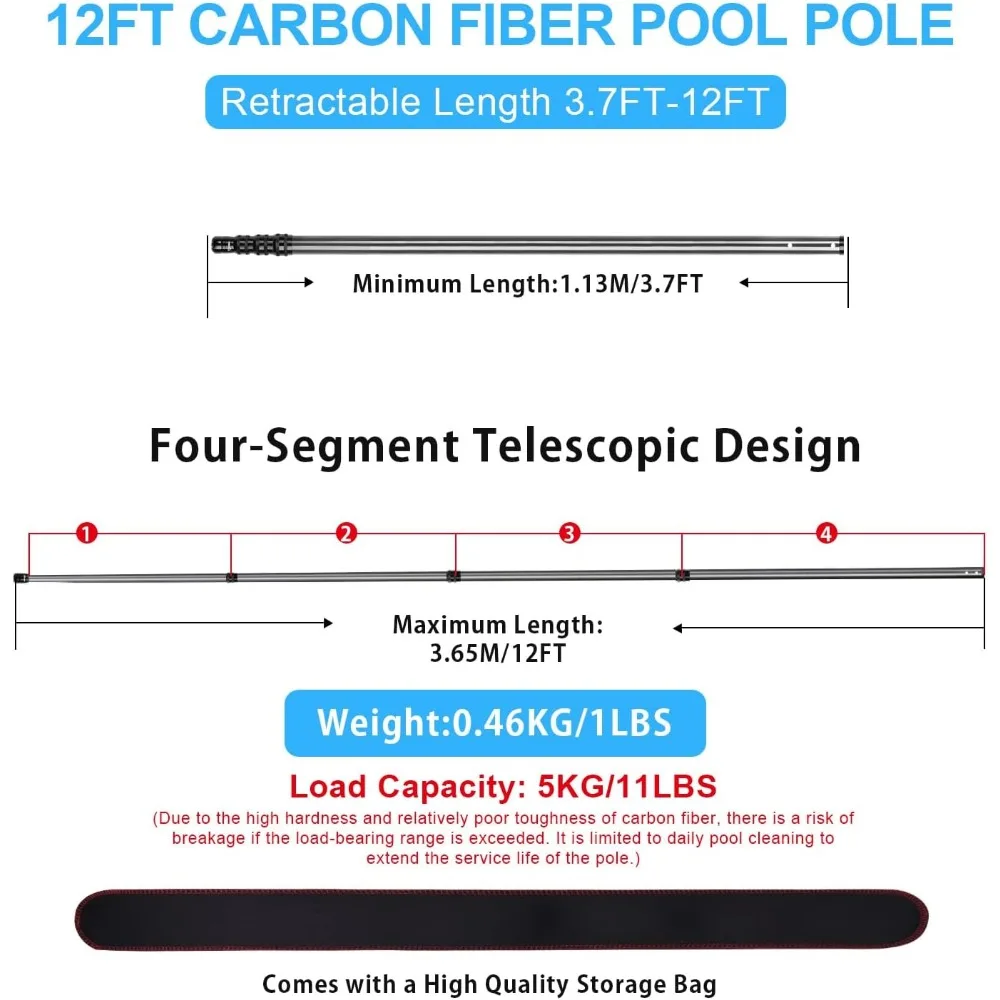 Carbon Fiber Pool Pole, Premium Telescoping Swimming Pool Cleaning Pole, Professional 12 Feet Telescopic Pool Poles