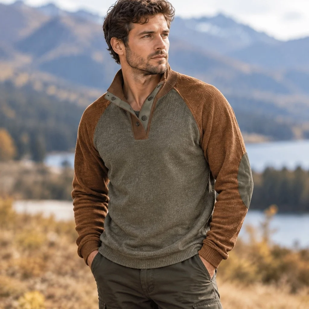 Casual Long Sleeve Set Relaxed Fit Sport Casual with Patchwork Pullover Single Breasted Autumn Winter T Shirt Autumn for Men