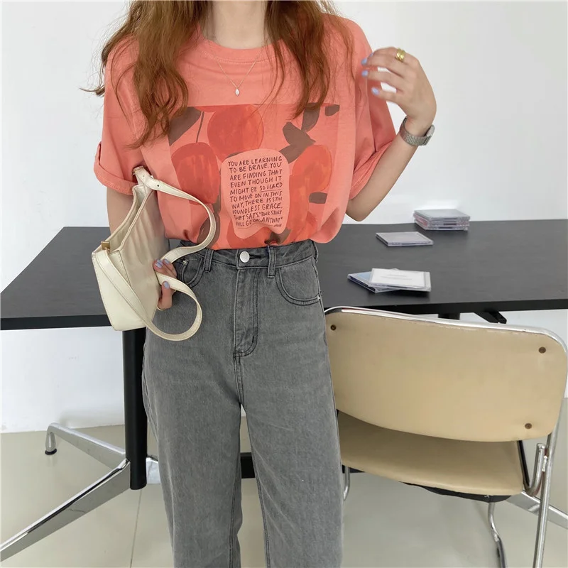 Summer Ins Korean Loose Letter Print Cotton T-shirt Women Casual Short Sleeve Basic Tees Tops Oversize Tshirt Female Clothing