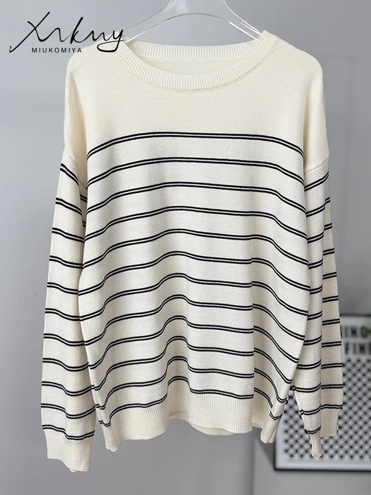 Oversized Striped Sweaters For Women Autumn 2 Sets Sailor Collar Coffee Pullovers Ladies White Jumpers O Neck Warm Sweaters Blue view 4