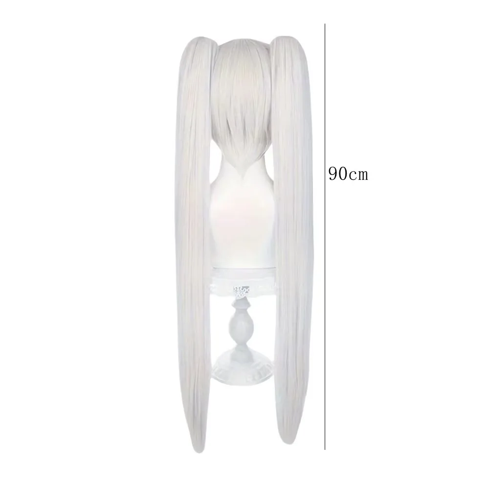 Long White Silver Cosplay Wig For Women Anime Straight Twin Tails With Bangs Lolita Party Halloween Costume Synthetic Hairpiece