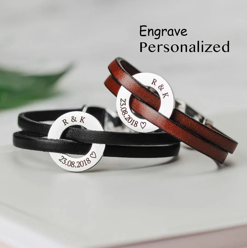 

Customized Name Text Circle Bracelets Genunie Leather Magnet Bracelet for Women Men Lovers Personalized Gifts Jewelry SL-140