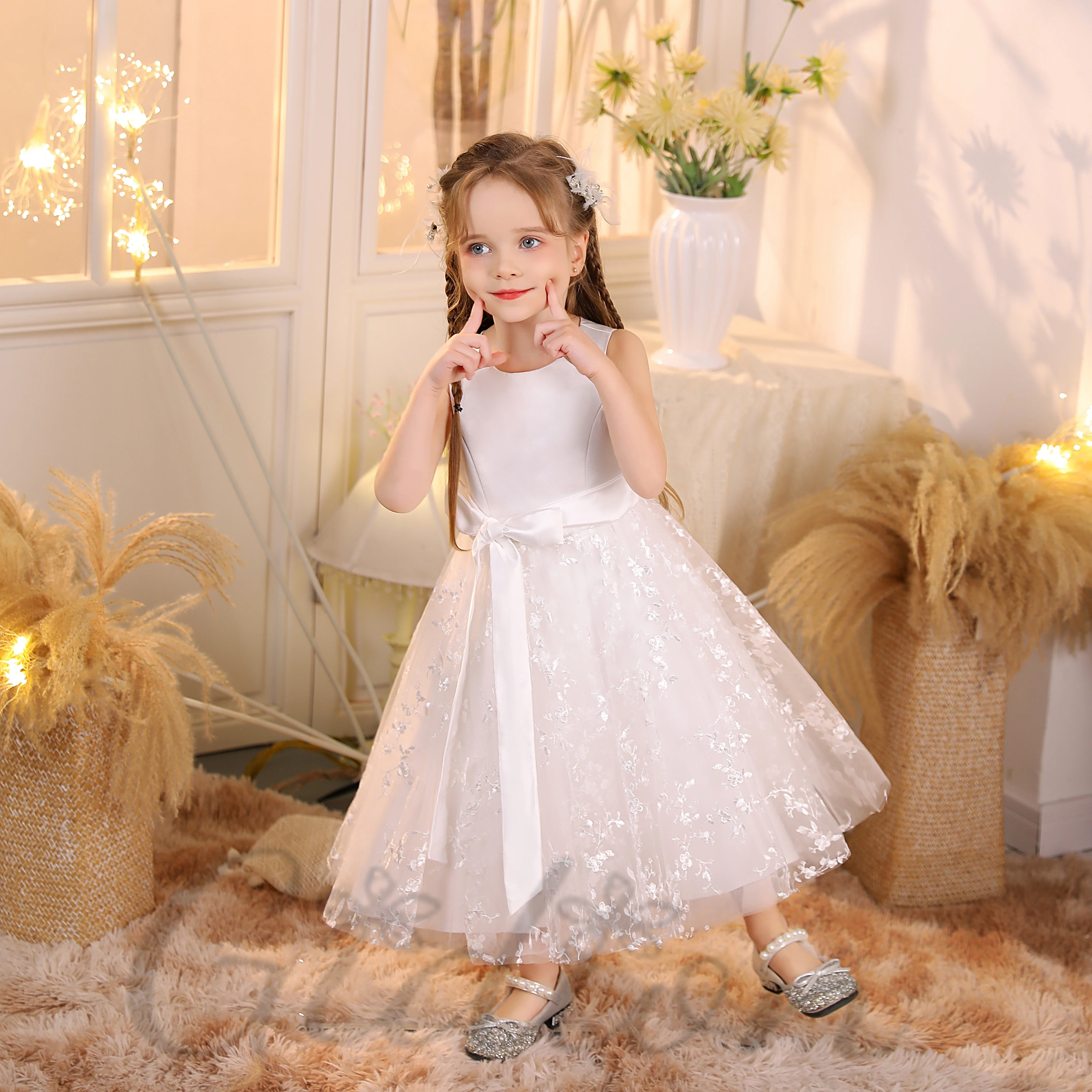 Satin/Tulle Princess Flower Girl Dress For Children First Communion Wedding Show Pageant Prom Night Banquet Birthday Party Event