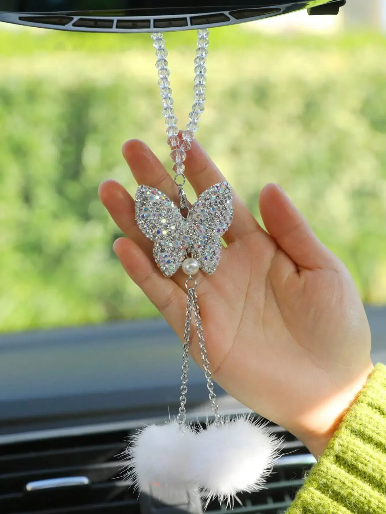 قطعة واحدة من قلادة سيارة كريستال أنيقة، زخرفة سيارة صناعية، قلادة مرآة الرؤية الخلفية للسيارة، هدية مثالية للنساء