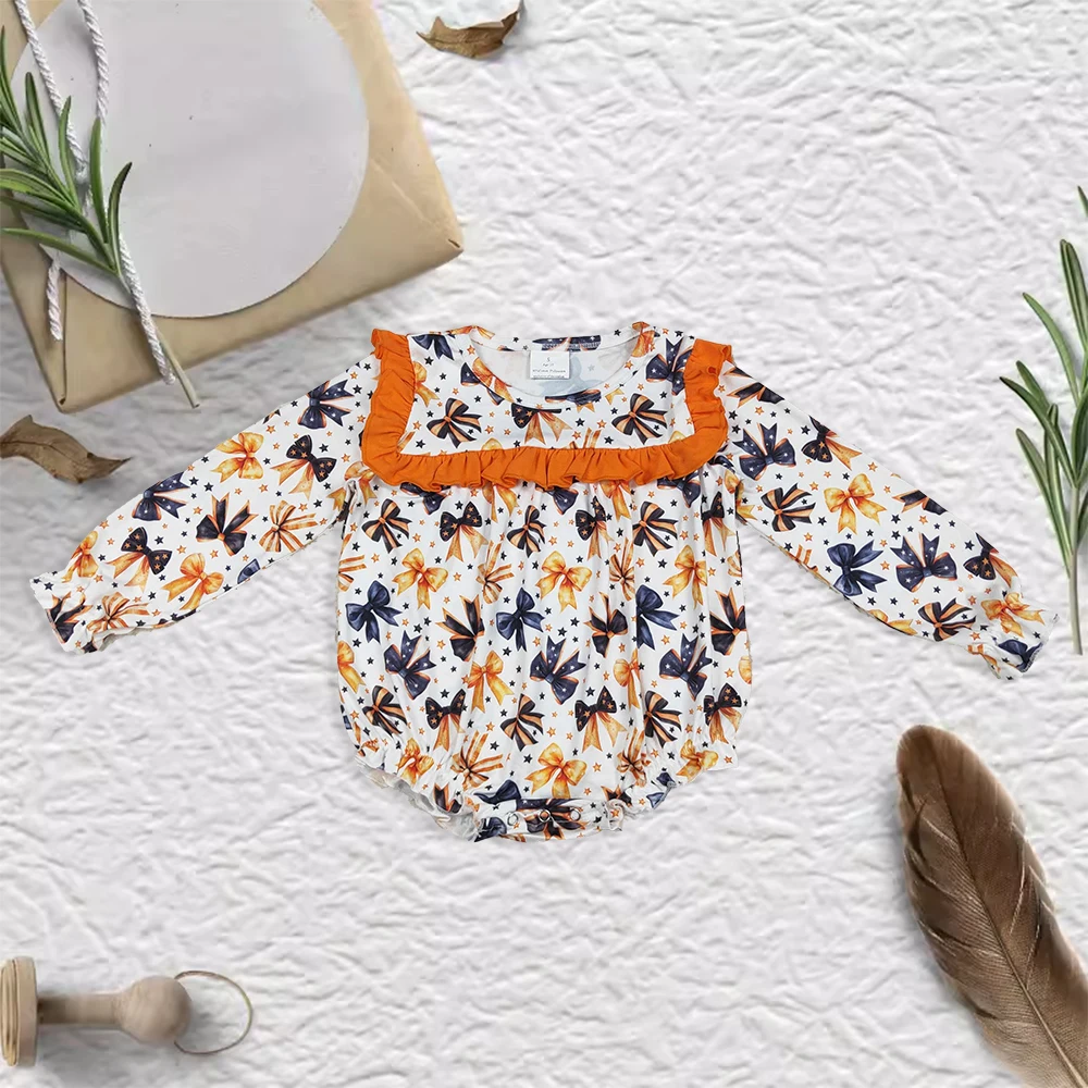 

RTS Early Fall 2025 Kids Clothes Bow Star Orange Ruffle Long Sleeve Bubble Romper Baby Girl Clothes
