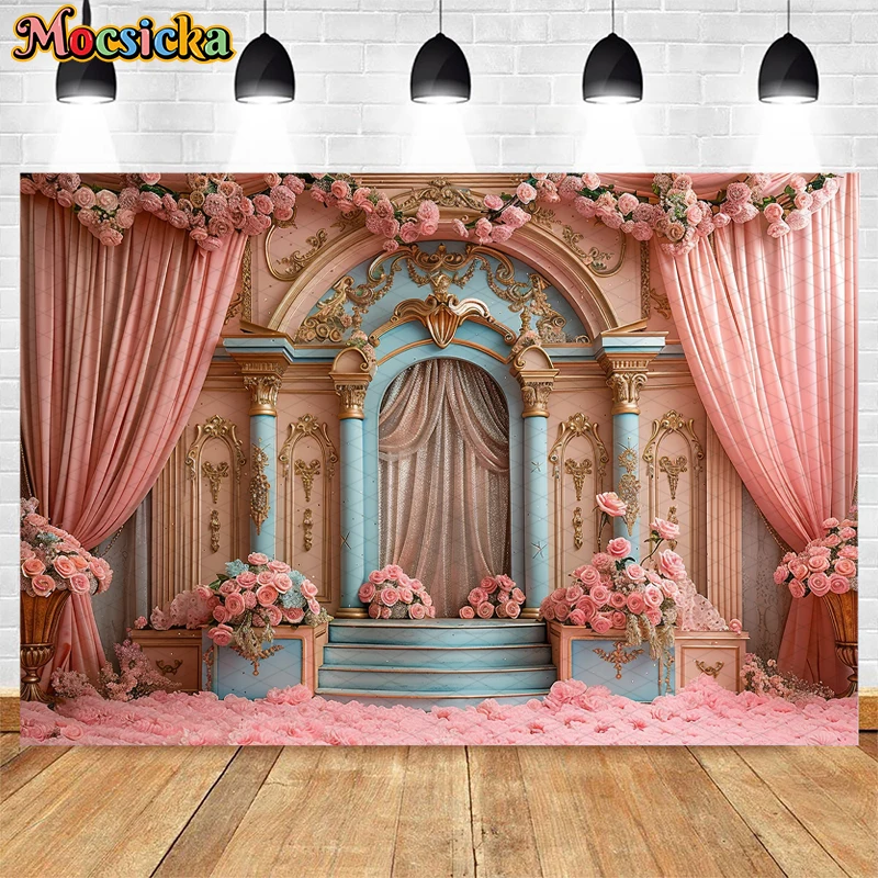 Mocsicka Photography Background Adult Portrait Wedding Fairytale Theme Pink Curtain Vintage Theater Decor Photo Backdrop Studio