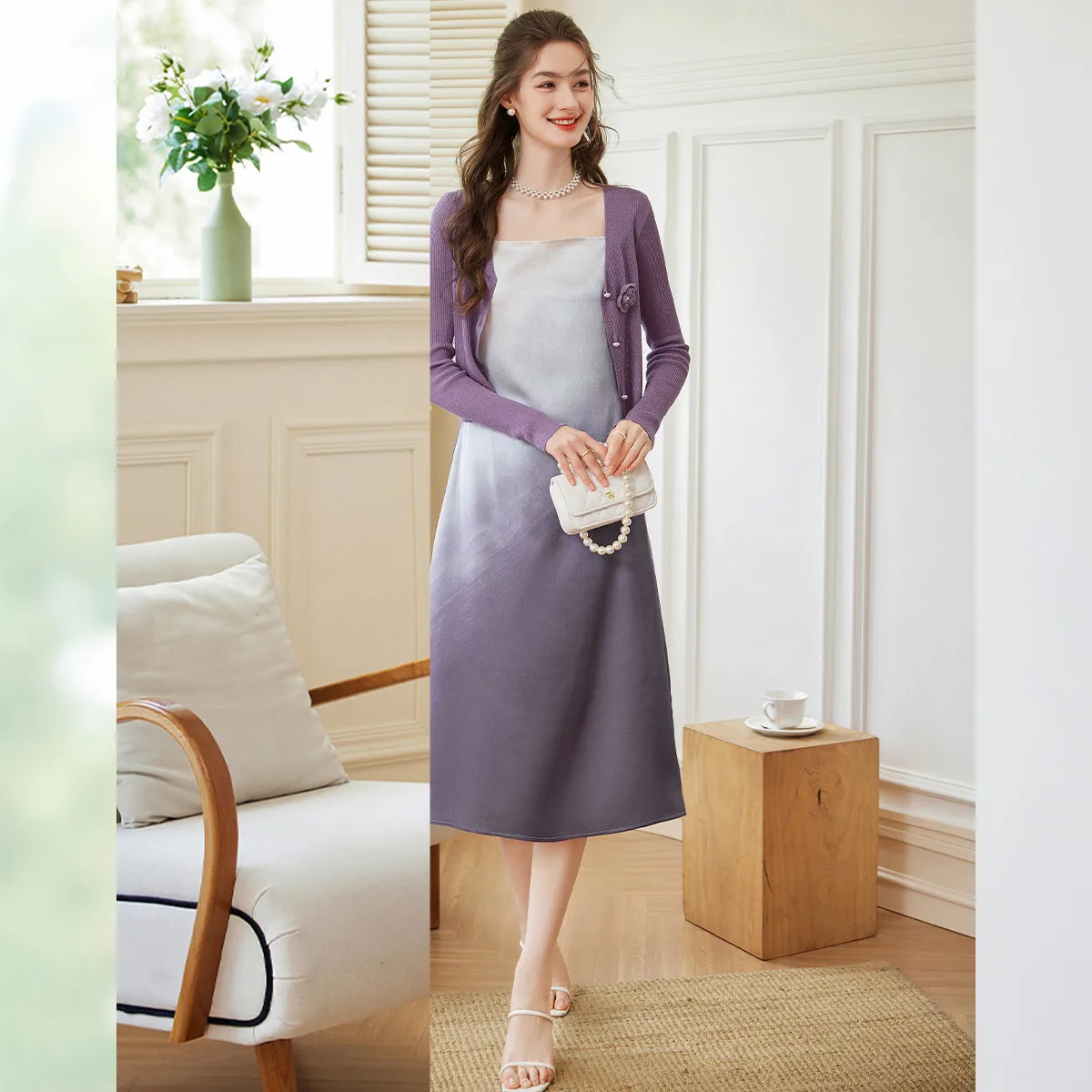 LOUIS YAO グラデーションカラーツーピースセット 2025秋 優しい伸縮性なしキャミソールとニットカーディガン グラデーション レディースセット