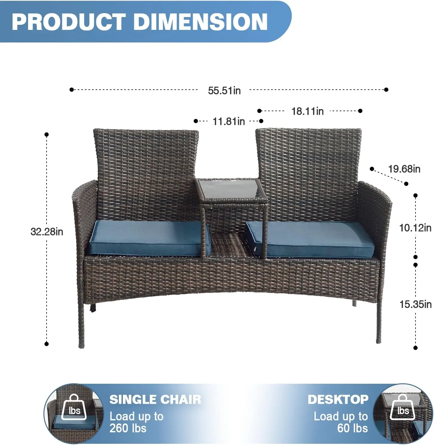 Loveseat ao ar livre, loveseat de 2 lugares com almofadas e mesa de centro embutida, loveseat de pátio, banco para varanda, varanda frontal