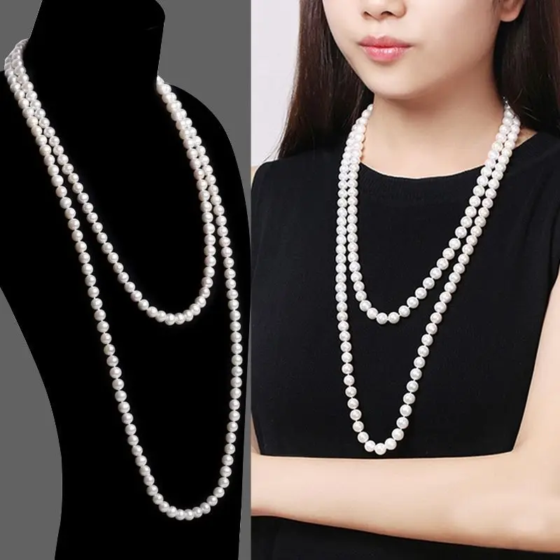 1.5m -8mm fashion glass imitation pearl necklace women\'s simple knot multi-layer long sweater chain clothing accessories 2021