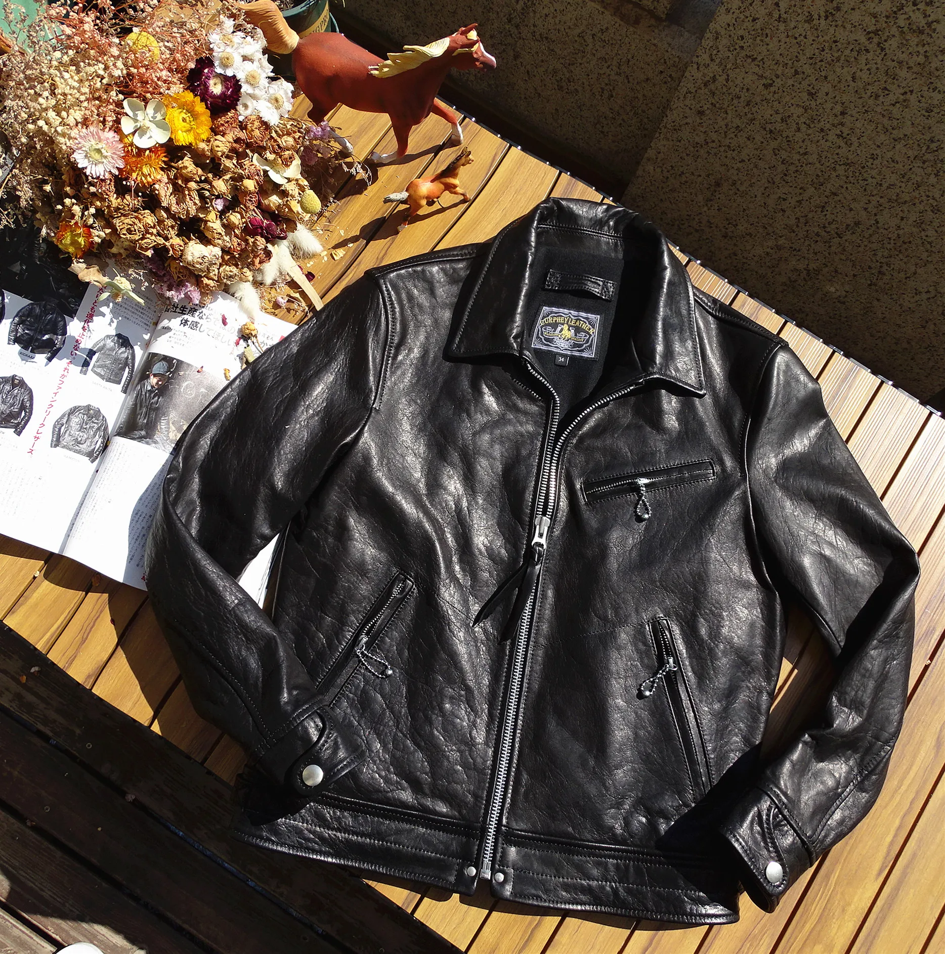 Water Wave Pattern Horsehide Leather Jacket Men's Fashion Urban Style Warmth Casual Short Coat Zipper Closure Long Sleeve
