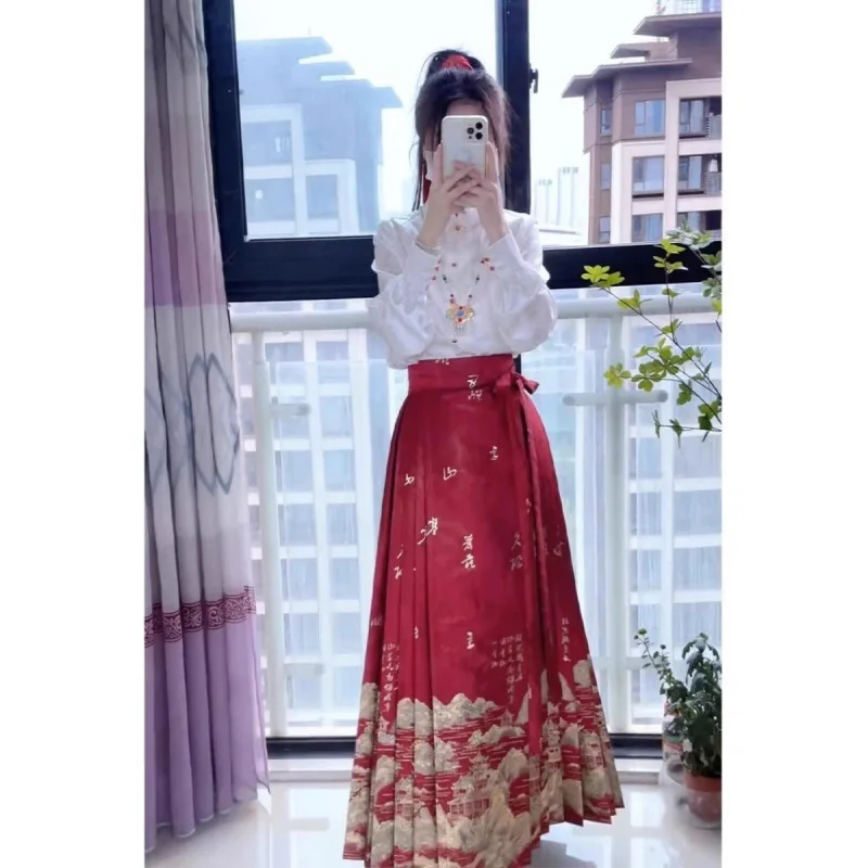 New 2024 Women's Hanfu Suit Top Matching Horse Face Dress Wine Tasting Outfit Chinese Style Red Hanfu Jingwu Robe