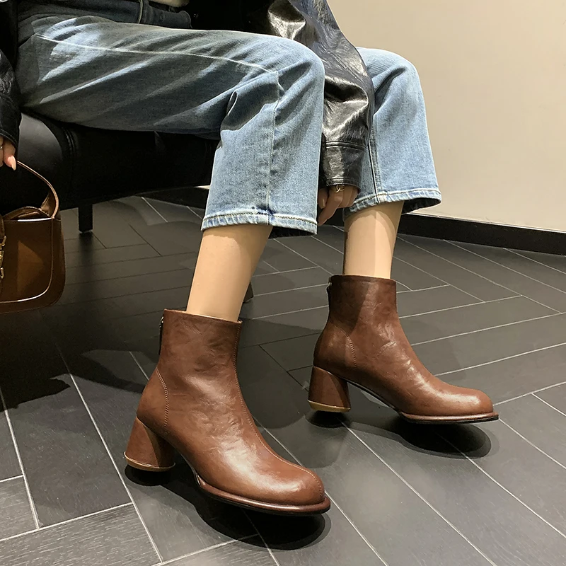 

Women Slipt Leather Short Boots Round Toe Block Chunky Heels Black Ankle Boots Back Zipper Motorcycle Brown Shoes for Female