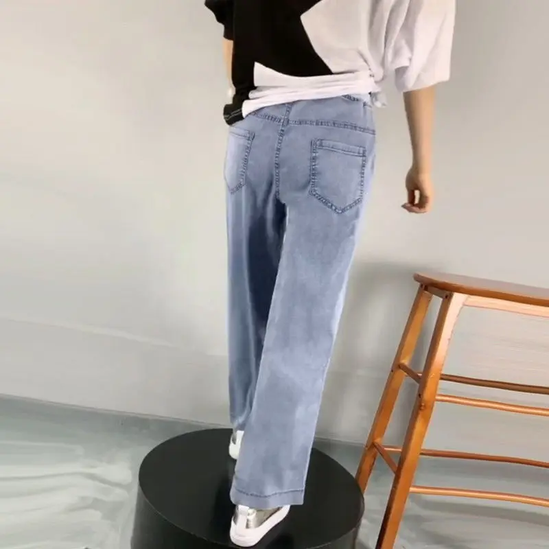 Sommer Neue Hohe Taille Koreanische Sle frauen Jeans Dra Lose Breite Bein Gerade Lange Hosen Hitzebeständige Ele Damen tro...