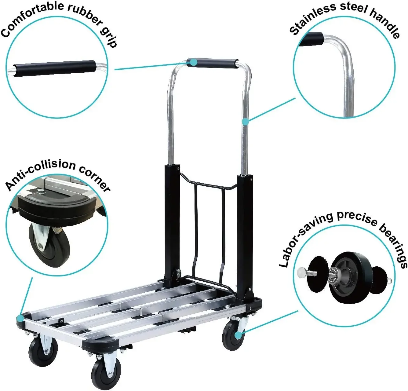 Foldable Push Cart Aluminum Alloy Platform Cart with 4-Wheel,Adjustable Length,330-LB Capacity(with 2 Ropes)