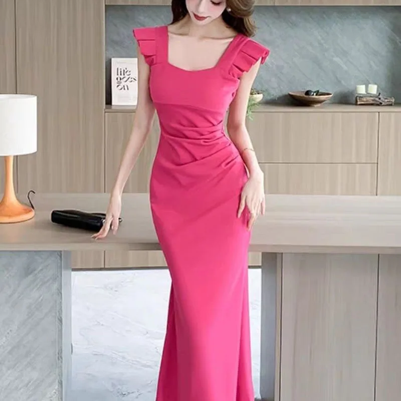 

French A Socialite Square Neck Solid Color Dress Women Summer Banquet Fishtail Skirt Slim Flying Sleeve Pleated Hip Long Skirt