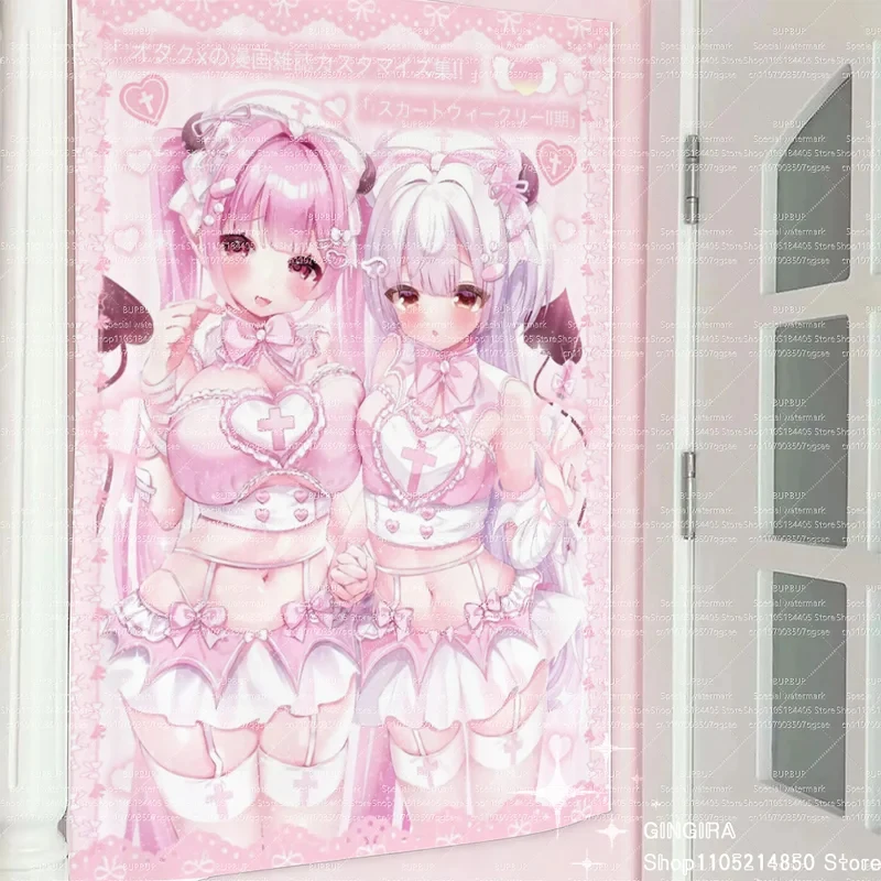 VIKAMA Doppelseitiger rosa Wandteppich mit Mädchen-Illustration, Kunst-Wandbehang, kreative Dekoration für Zuhause, Schlafzimmer, Wohnzimmer, Wohnheim