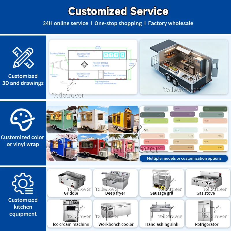 Customized Square Food Truck Outdoor Mobile Catering Trailer Serving Window & Storage Cabinets Included for Sale