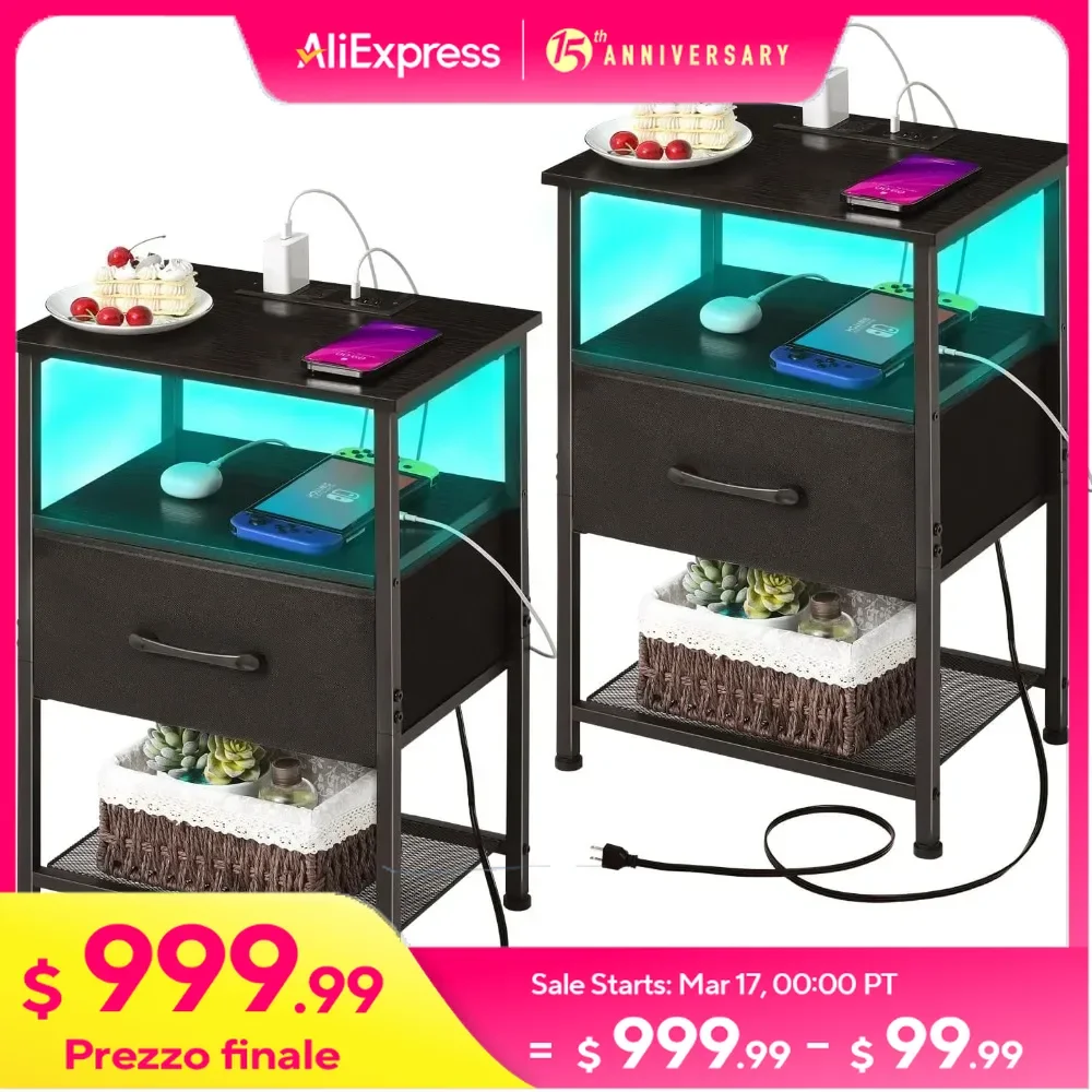 

Nightstands Set of 2 with Fast Charging Station and Drawer, End Table Bedside Table with 20 Colors LED Light Strip Free Shipping