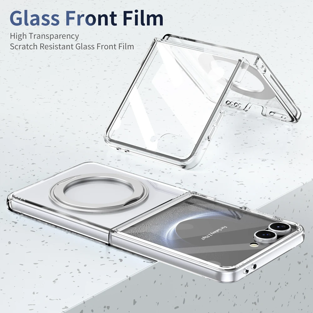 

KEYSION 360° Rotating Magnetic Ring Stand Case for Samsung Galaxy Z Flip 7 5G Transparent PC Phone Cover with Screen Protector