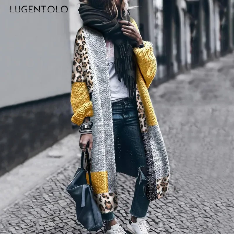 Sweter kardigan kobiety łączenie Leopard Atuumn zima z długim rękawem duże rozmiary kobiece moda codzienna dzianinowe swetry Lugentolo