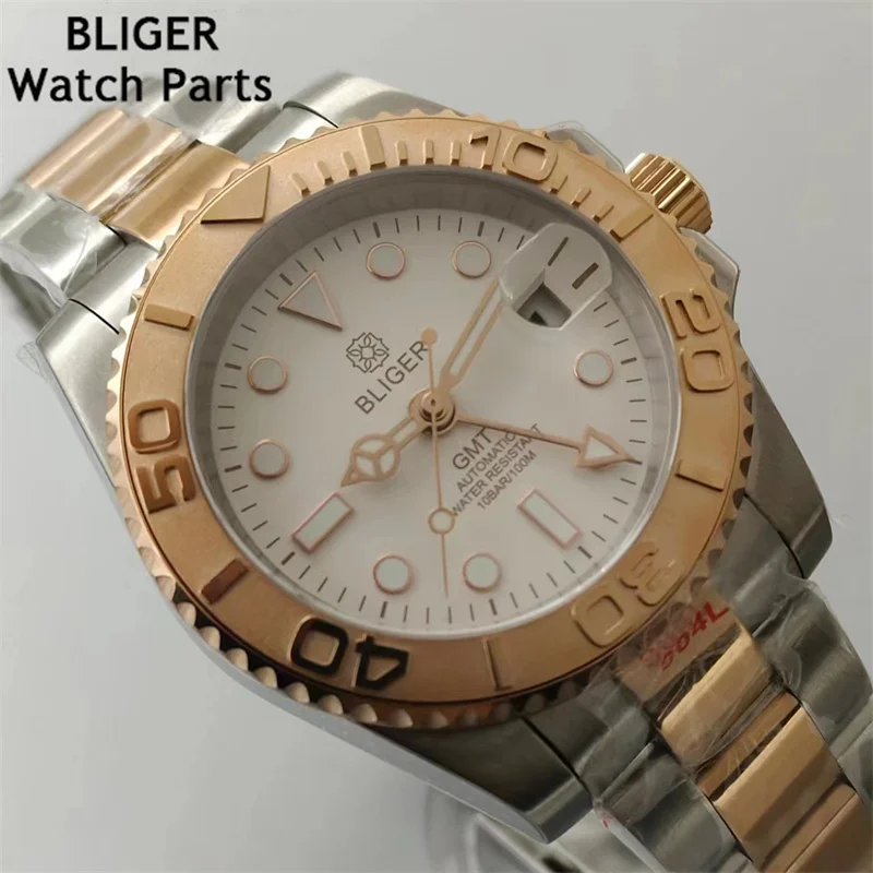 BLIGER 40mm NH34 GMT Function Automatic Men's Watch Black White Dial Date At 3 o'Clock Display Sapphire Glass Oysert Bracelet