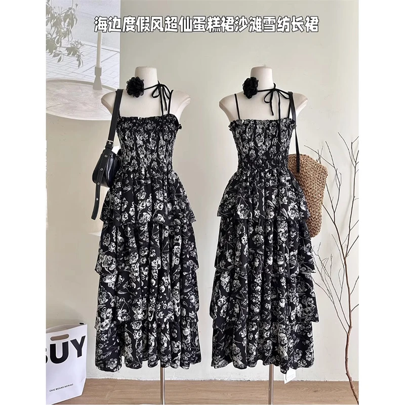 

Женское слитное платье с цветочным принтом Y2k, винтажное элегантное многослойное Черное длинное платье-комбинация с высокой талией в Корейском стиле 1920-х годов, летние платья в стиле 90-х