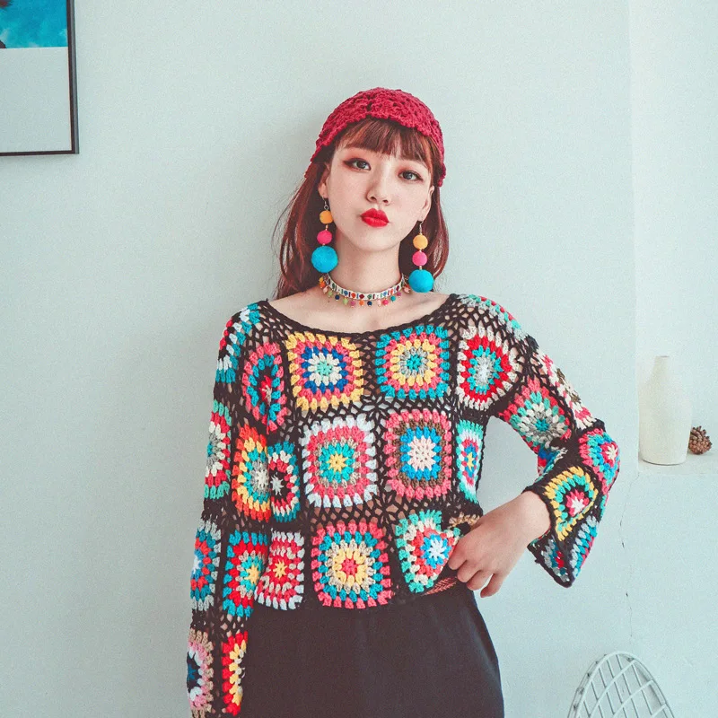 Women\'s Sweater Boho Retro Vintage Colorful Hand Made Crochet Tops Long Sleeve Hollow Out Knitted Pullover Cropped Sweaters