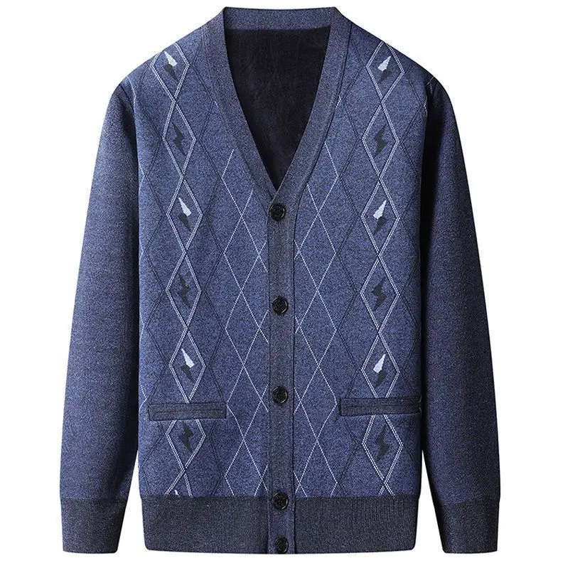 Men's Plaid Printing Cardigan Autumn Winter New Long Sleeve Button V Neck Loose Knitting Sweaters Vintage Casual Men Clothing