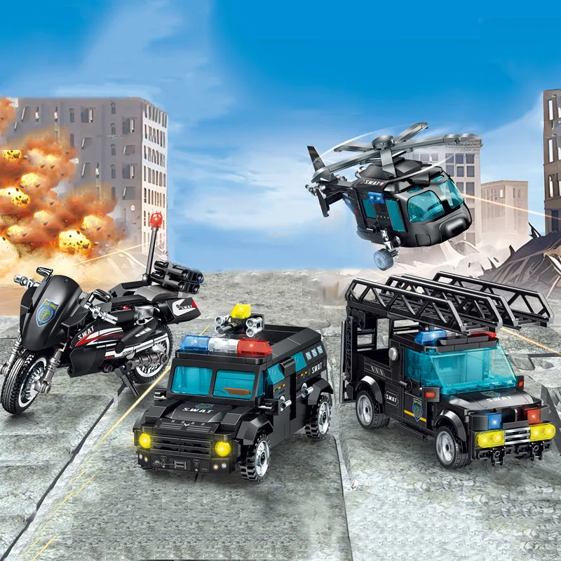 SEMBO-Blocos De Construção De Veículos Militares, Kits De Montagem, Helicóptero MOC, Carro De Polícia, Tijolos Modelo, Aeronaves, Brinquedos Meninos, Presentes De Aniversário