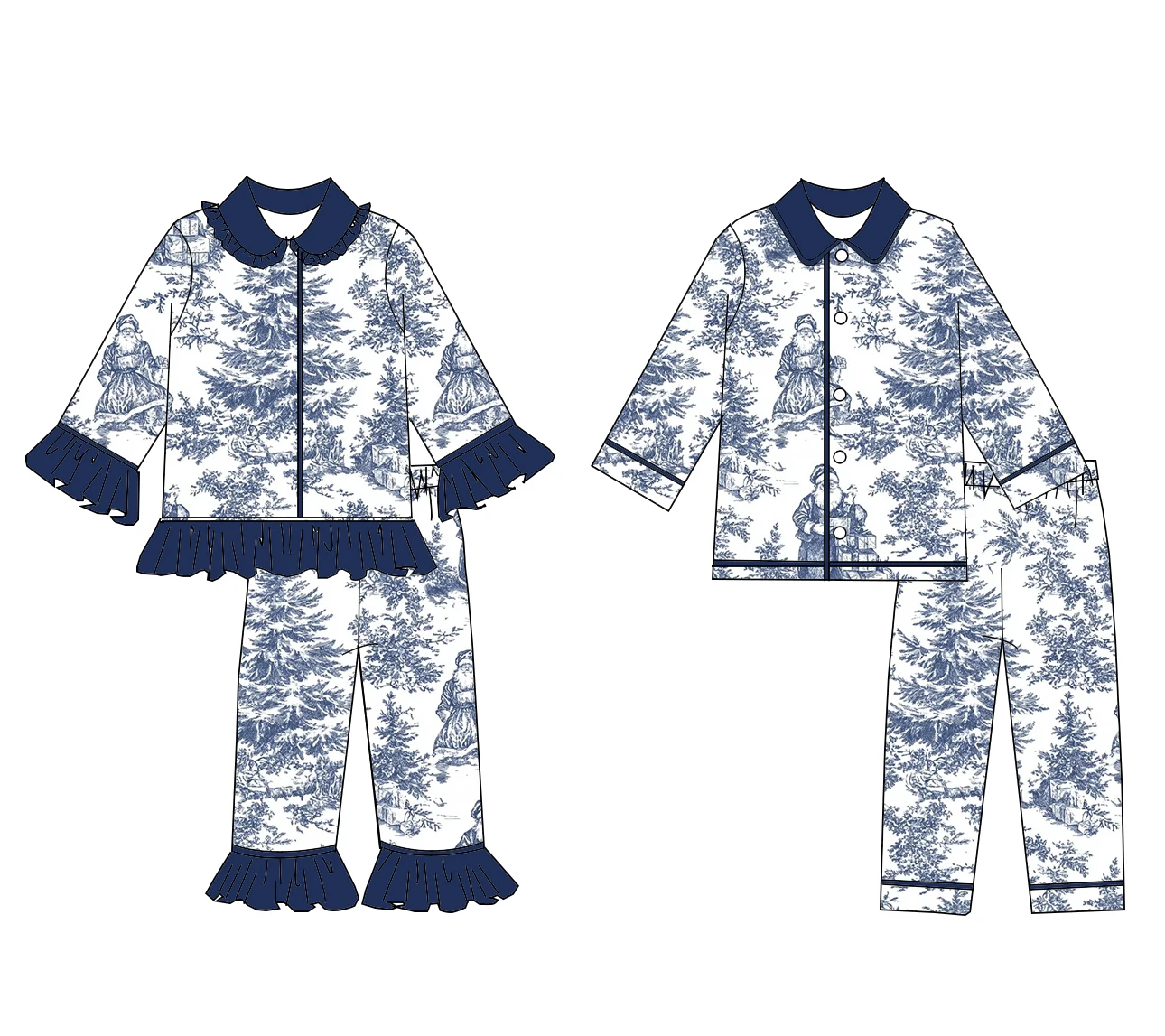 

Christmas new blue Santa Claus Christmas tree print long-sleeved trousers children's winter boutique pajamas set