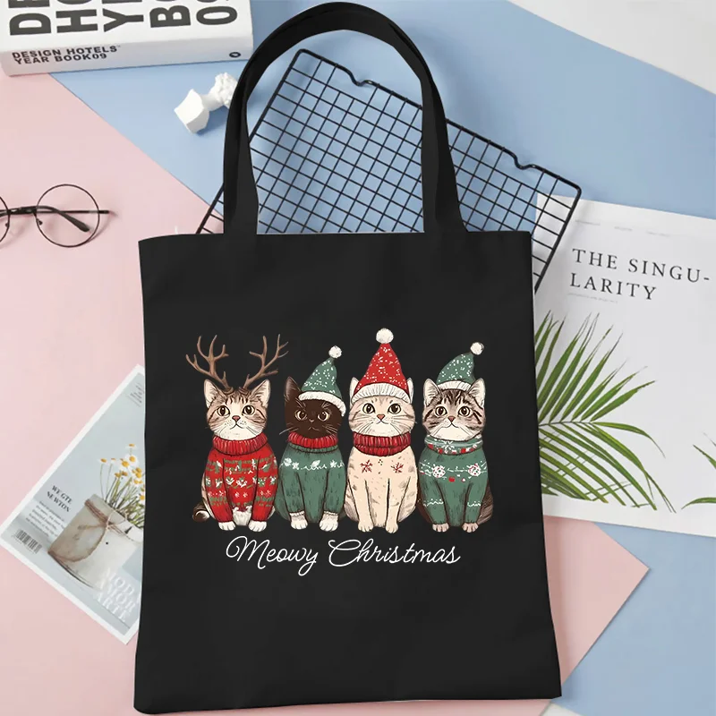 Meowy عيد الميلاد القط موضوع حقائب كتف الأسرة عيد الميلاد القط حفلة حمل حقيبة تسوق الموضة عالية السعة المرأة في سن المراهقة حقيبة يد #4