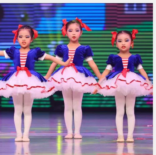 1 unids/lote vestido de baile de ballet de retazos de moda para niños, tutú para niña, vestido azul y blanco