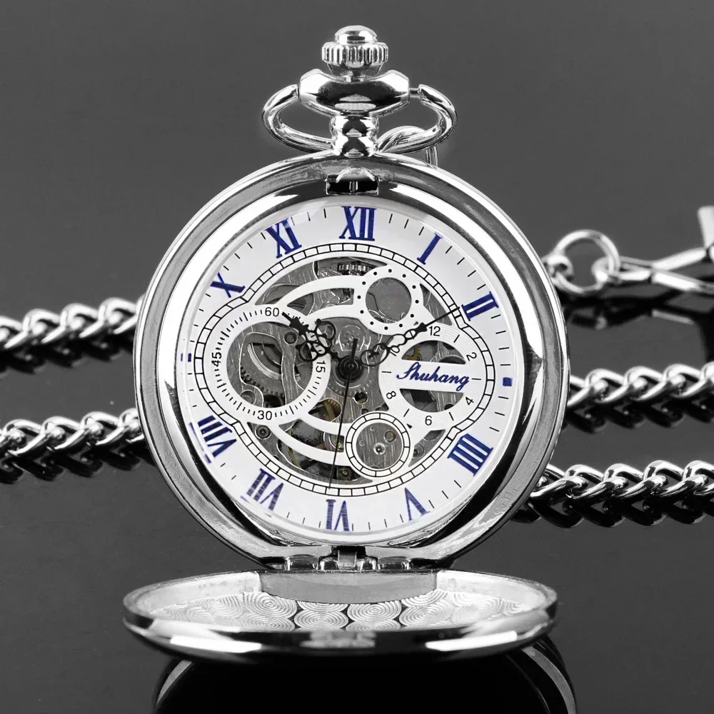 Roman Numerals Manual Mechanical Pocket Watch Retro Silver Chain Clock Gift for Male Antique Hand Winding Pocket Clock PJX1706