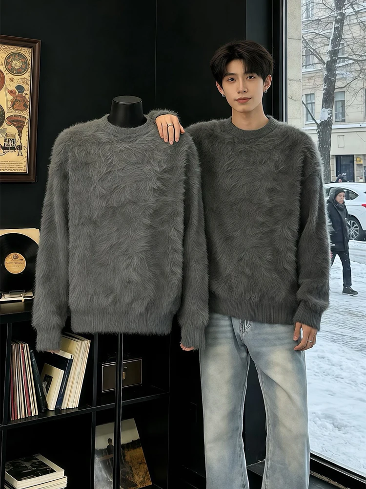 

Серый мужской вязаный свитер в американском стиле из мягкого мутона, осенне-зимний, в корейском стиле, свободного кроя, для повседневной носки, базовый слой, для прогулок по городу
